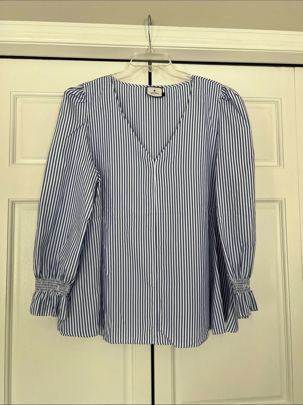 Tuckernuck Blue & White Striped V-Neck Puff Sleeve Blouse